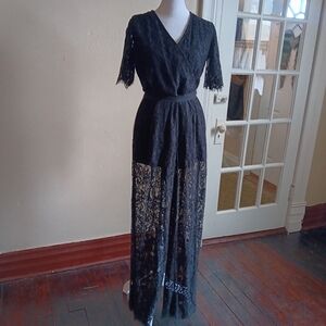 Trixxi Black Lace Jumpsuit Pantsuit, Transparent Legs, Wide Leg , Womens Large